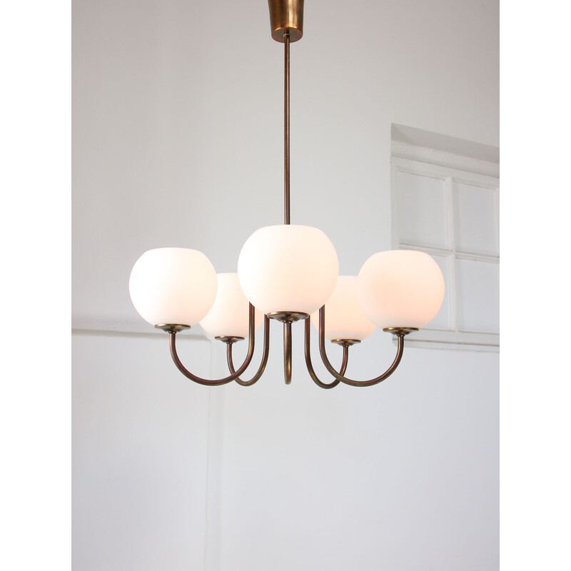 Vintage chandelier in copper-plated brass and opaline glass, Italy 1970