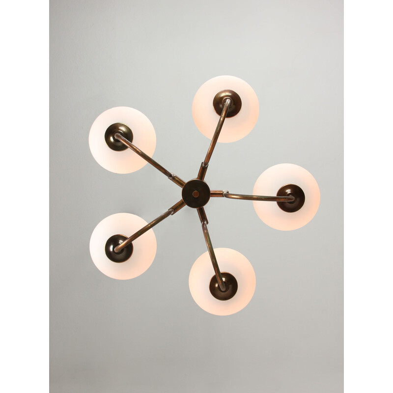 Vintage chandelier in copper-plated brass and opaline glass, Italy 1970