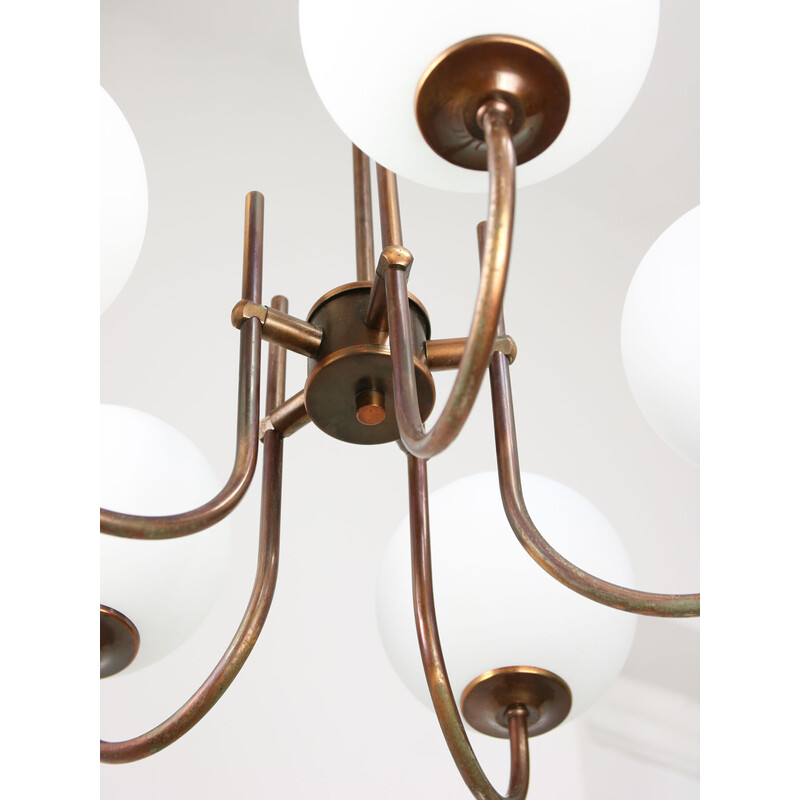 Vintage chandelier in copper-plated brass and opaline glass, Italy 1970