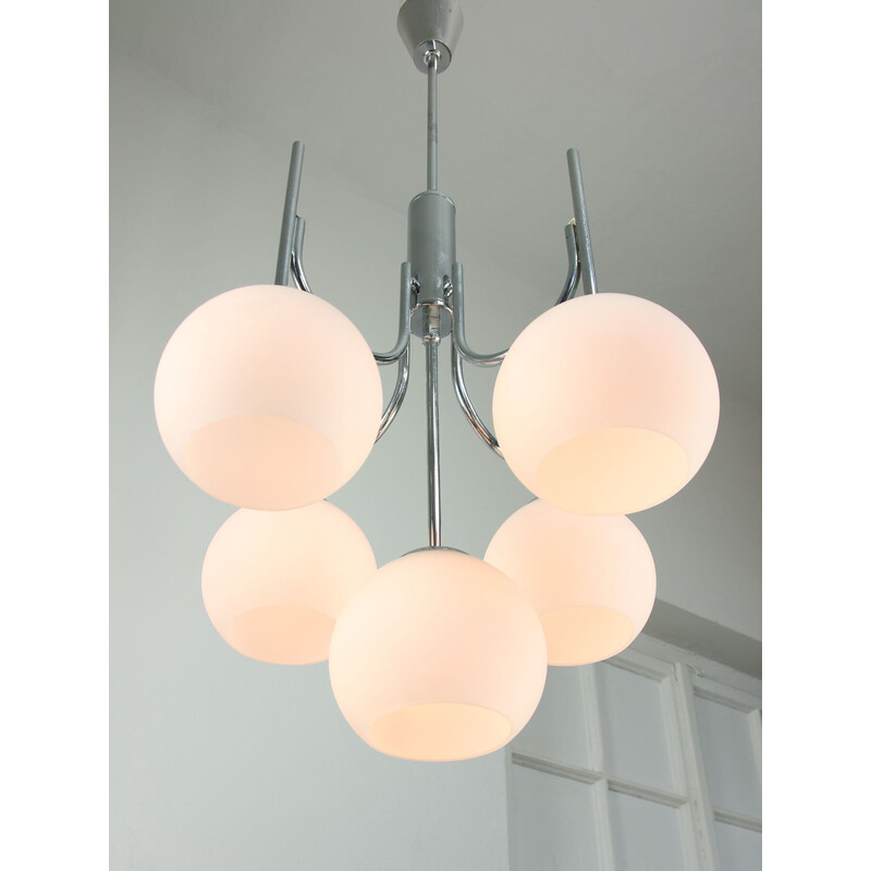 Vintage chandelier in chrome and opaline glass, Italy 1970