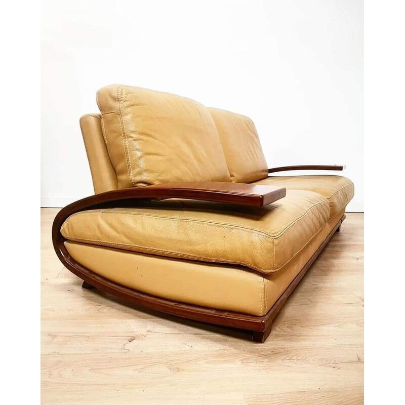 Vintage 2-seater sofa in beige leather and wood, Italy 1990