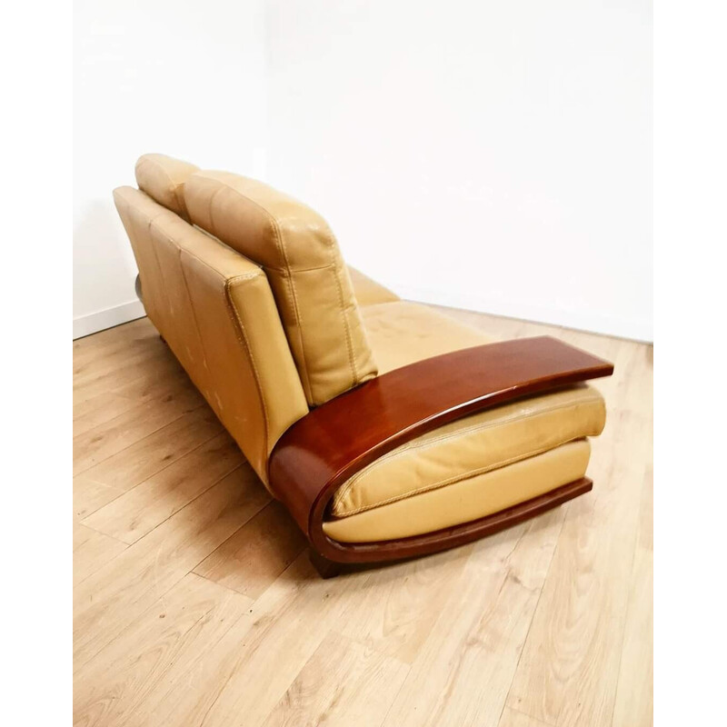 Vintage 2-seater sofa in beige leather and wood, Italy 1990