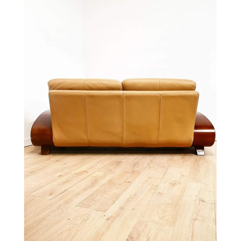 Vintage 2-seater sofa in beige leather and wood, Italy 1990