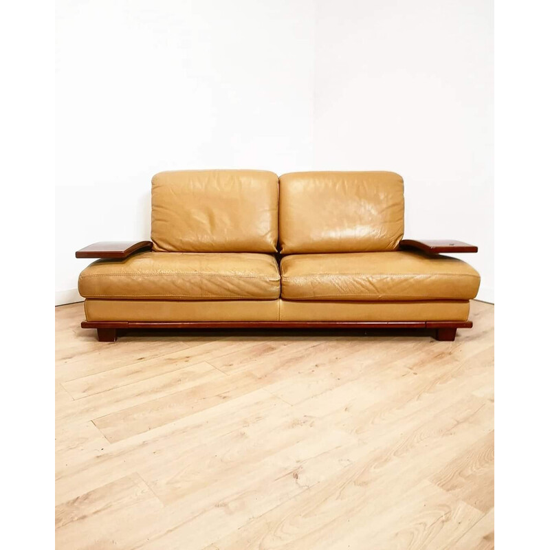 Vintage 2-seater sofa in beige leather and wood, Italy 1990