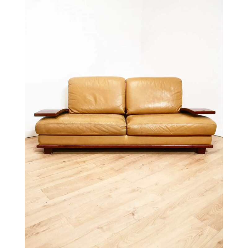 Vintage 2-Sitzer-Sofa aus beigem Leder und Holz, Italien 1990