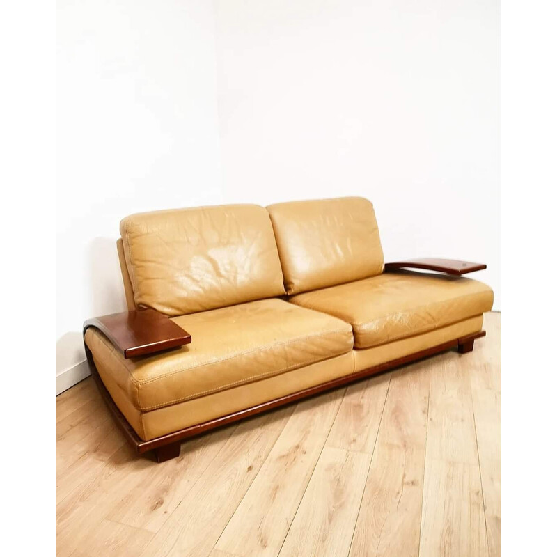 Vintage 2-seater sofa in beige leather and wood, Italy 1990