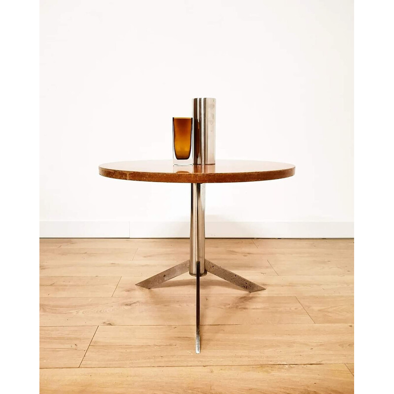 Tavolo vintage con piedistallo in legno e base centrale in metallo
