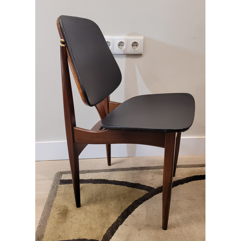 Pair of vintage teak wood and black leather chairs for Elliots of Newbury, England 1960