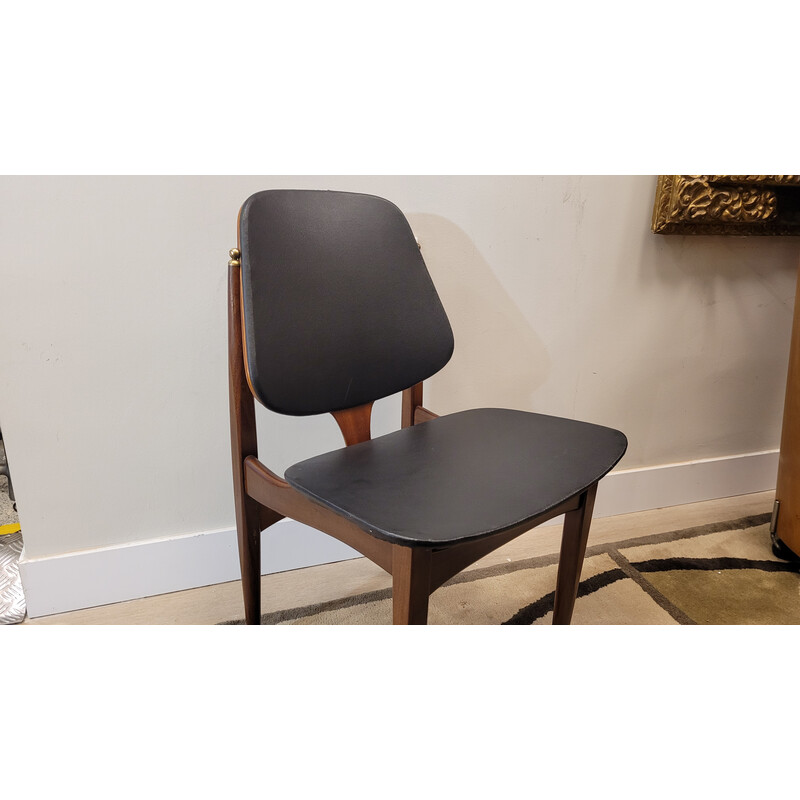 Pair of vintage teak wood and black leather chairs for Elliots of Newbury, England 1960