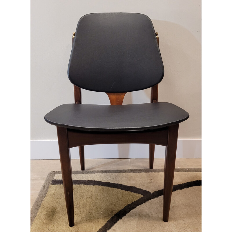 Pair of vintage teak wood and black leather chairs for Elliots of Newbury, England 1960