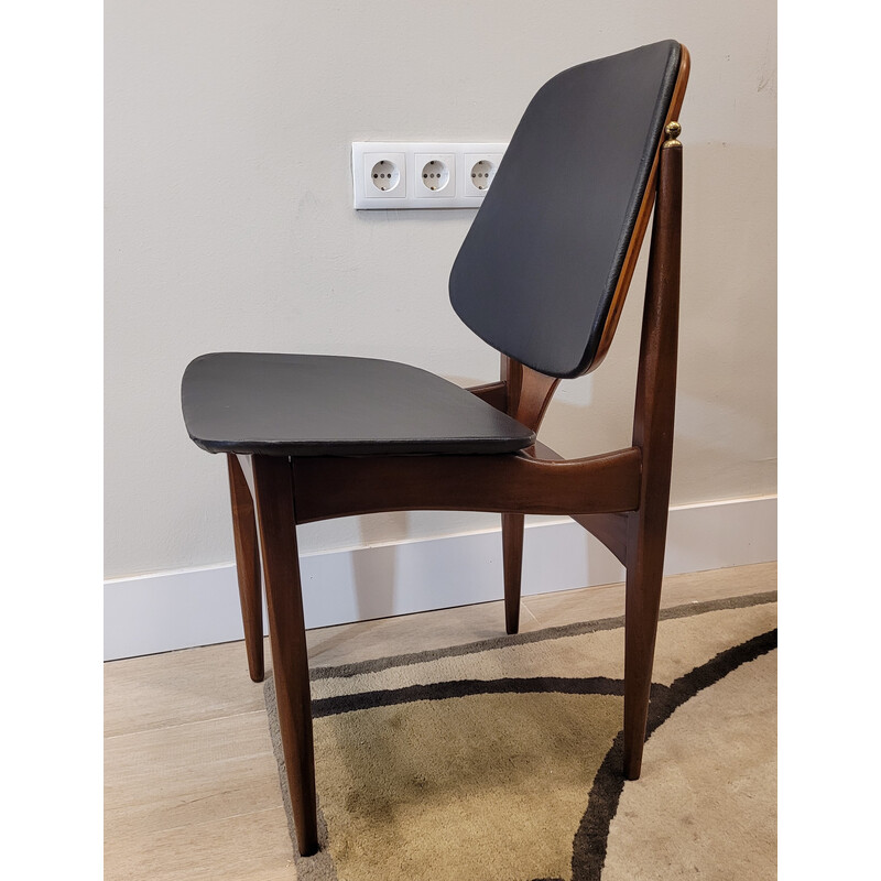 Pair of vintage teak wood and black leather chairs for Elliots of Newbury, England 1960