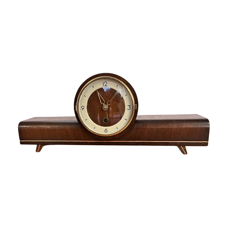 Vintage mantel clock in solid oak veneer and metal from Zella-Mehis, Germany 1960