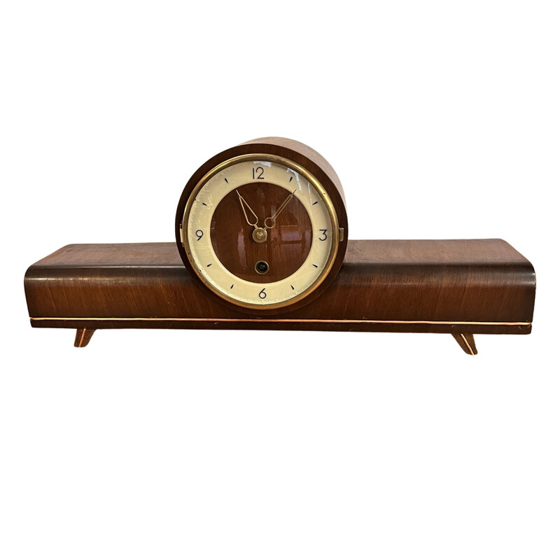 Vintage mantel clock in solid oak veneer and metal from Zella-Mehis, Germany 1960