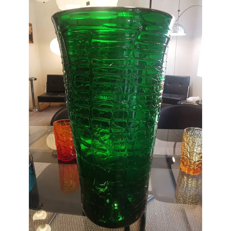 Vaso vintage "Croco" in vetro verde con motivo a pelle di coccodrillo