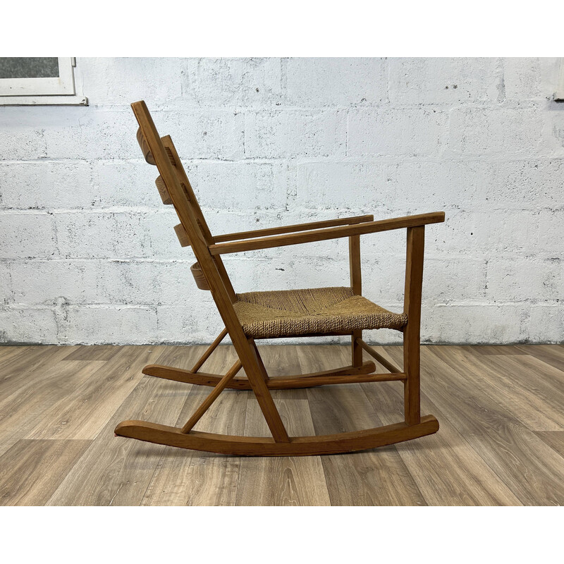 Rocking chair vintage en pin et assise tressée, Danemark 1960