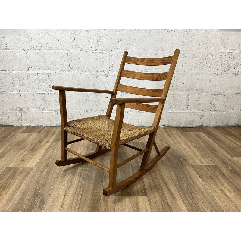Vintage rocking chair in pine and woven seat, Denmark 1960