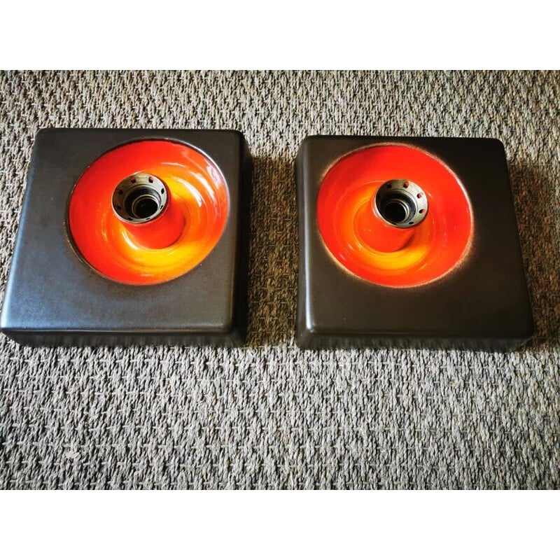 Coppia di applique vintage Space Age in ceramica marrone e arancione, 1970