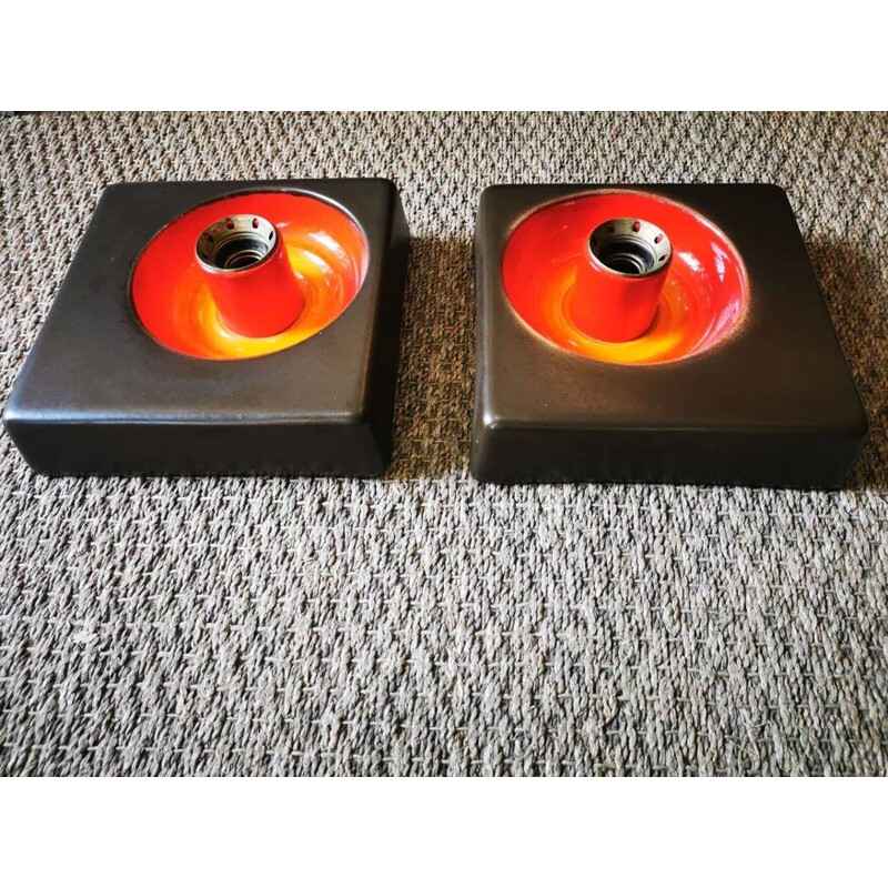 Pair of vintage Space Age wall lights in brown and orange ceramic, 1970