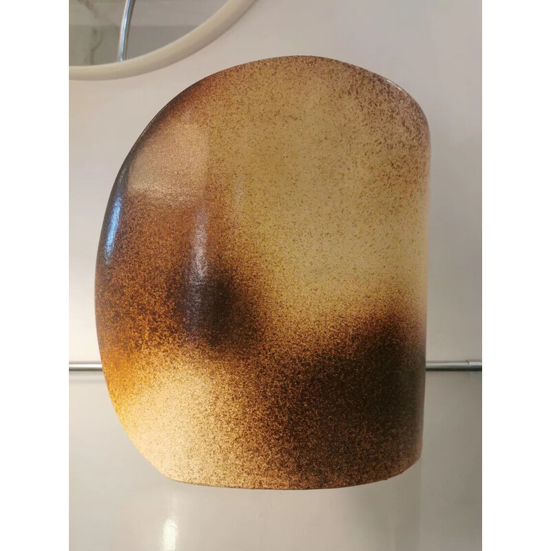 Vase vintage en céramique beige et marron de Fred et Andrée Stocker, France 1970