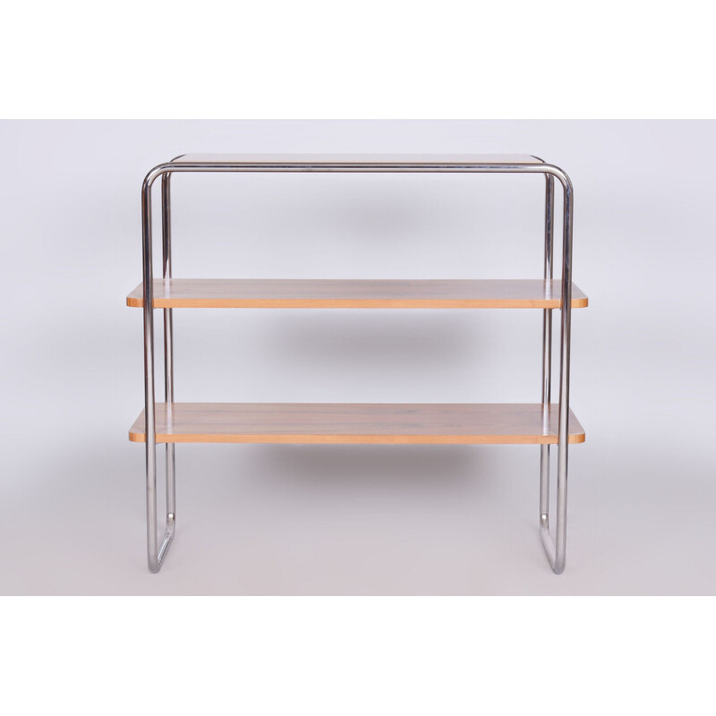 Vintage Bauhaus shelf in walnut and chrome steel for Kovona, Czechoslovakia 1940