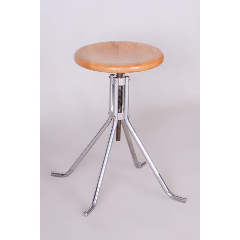 Vintage Bauhaus stool in beech and chrome steel for Vichr and Co., Czechoslovakia 1930