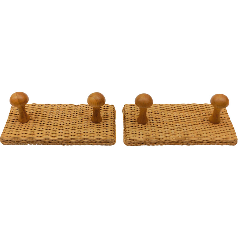 Pair of vintage rattan and wood wall hooks, 1960