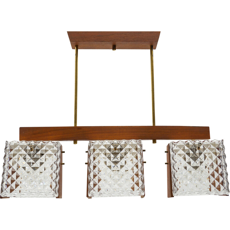 Vintage teak and crystal glass ceiling lamp, 1960