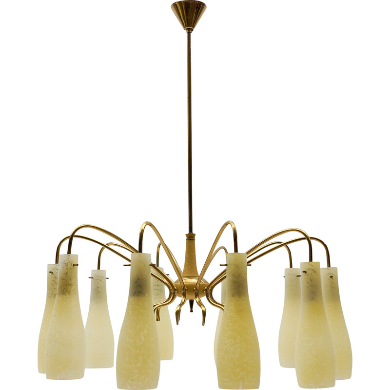 Vintage Sputnik chandelier in brass and glass with 10 lights, Italy 1950