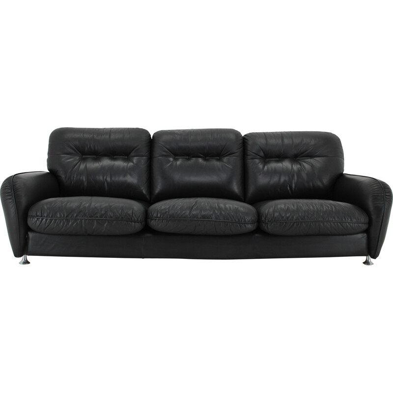 Vintage 3-seater sofa in black leather, Italy 1970
