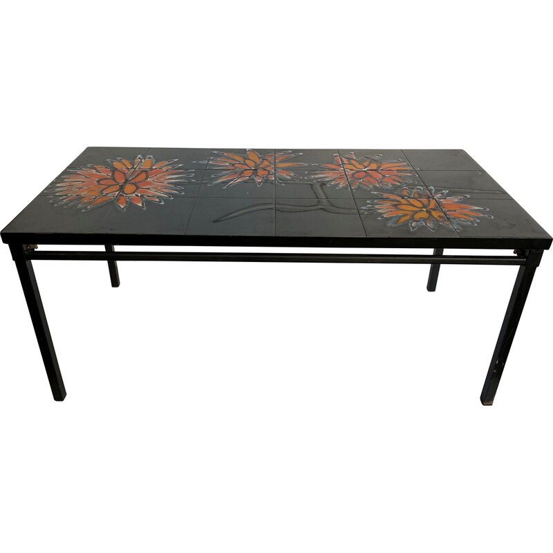 Table basse vintage en céramique gris et acier noir, 1960