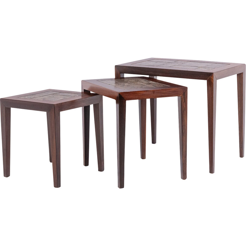 Vintage nesting tables in rosewood and ceramic, Denmark 1960