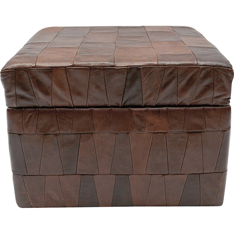 Vintage patchwork pouf in chocolate brown leather with storage space, Switzerland 1960