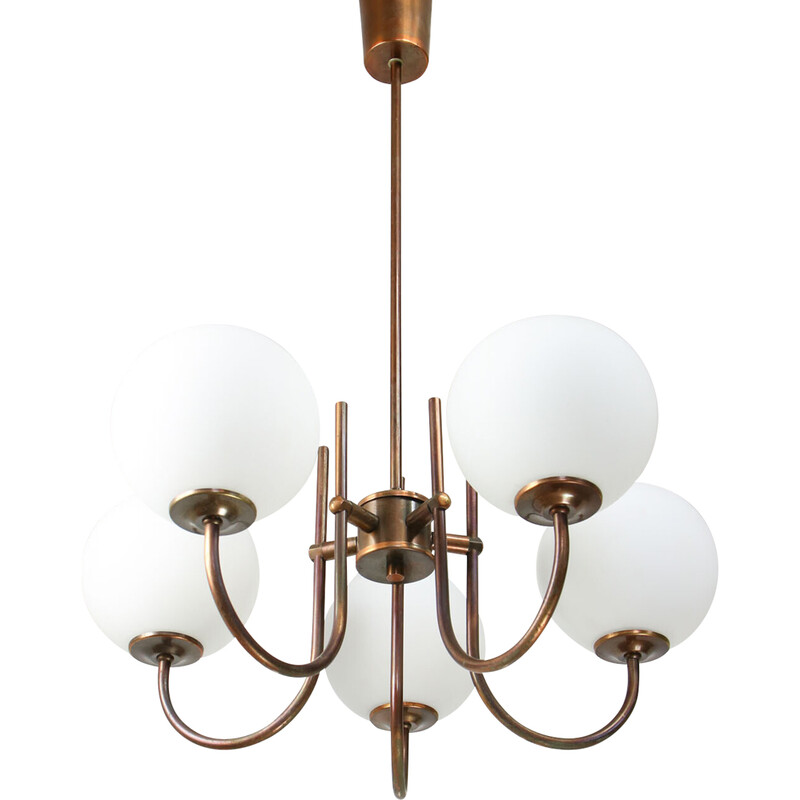 Vintage chandelier in copper-plated brass and opaline glass, Italy 1970