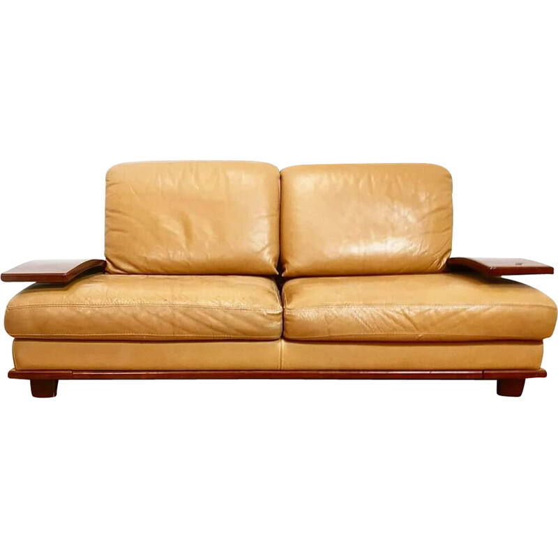 Vintage 2-Sitzer-Sofa aus beigem Leder und Holz, Italien 1990