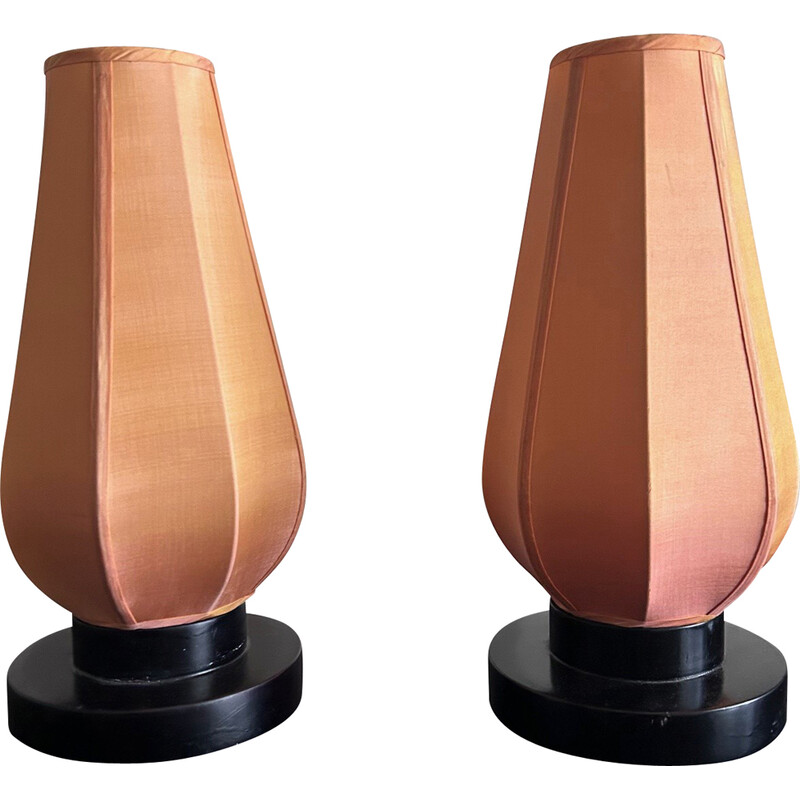 Coppia di lampade vintage in legno laccato e tessuto, Italia