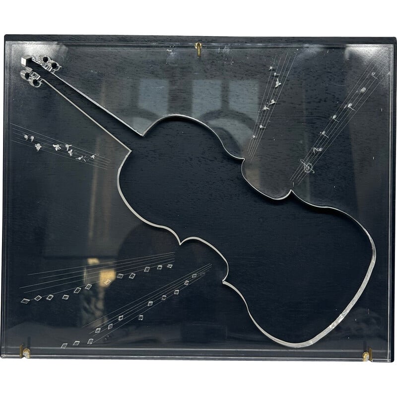 Pintura vintage em plexiglas com violino esculpido