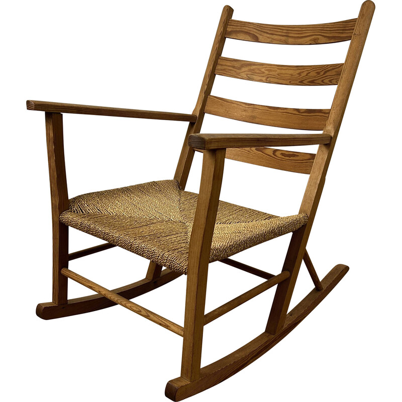Vintage grenen schommelstoel met geweven zitting, Denemarken 1960