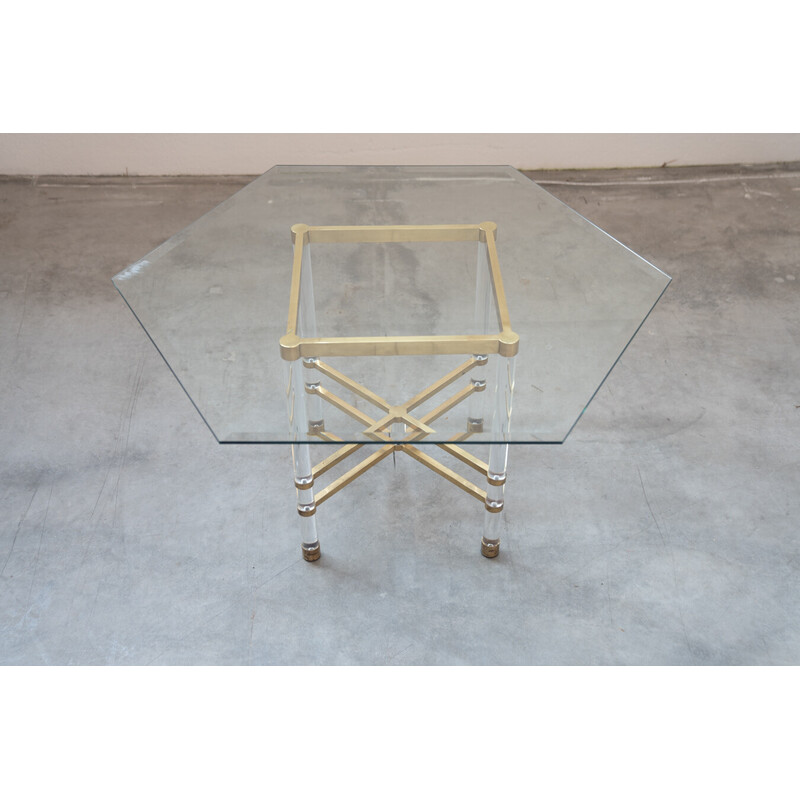 Vintage zeshoekige tafel van glas en messing door Sandro Petti voor Angolometallarte, Italië 1970