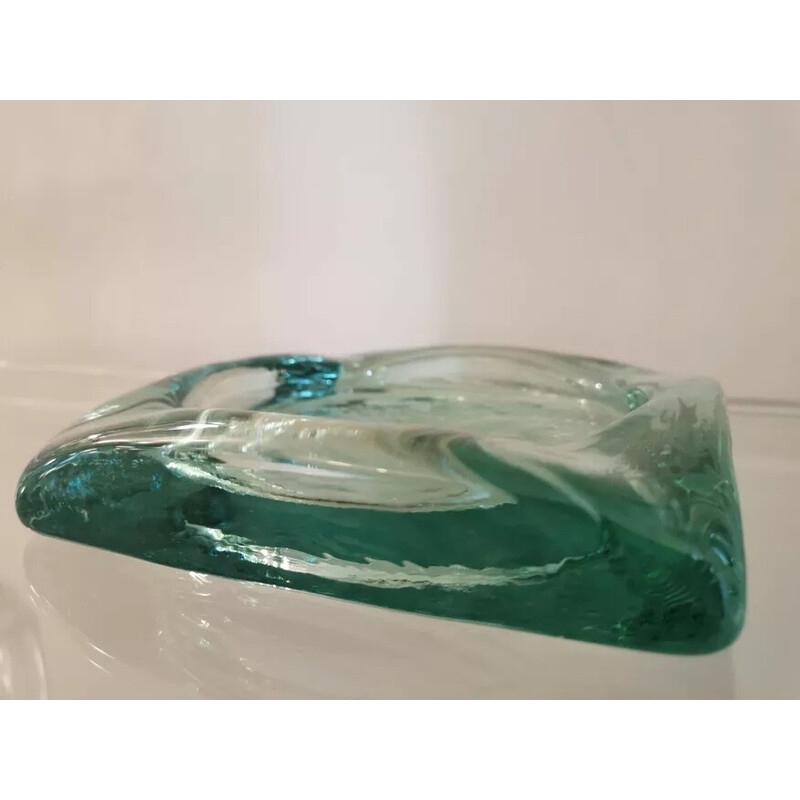 Cendrier vintage en pavé de verre de couleur vert turquoise