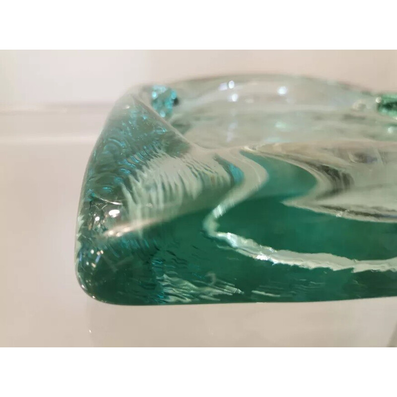 Cendrier vintage en pavé de verre de couleur vert turquoise