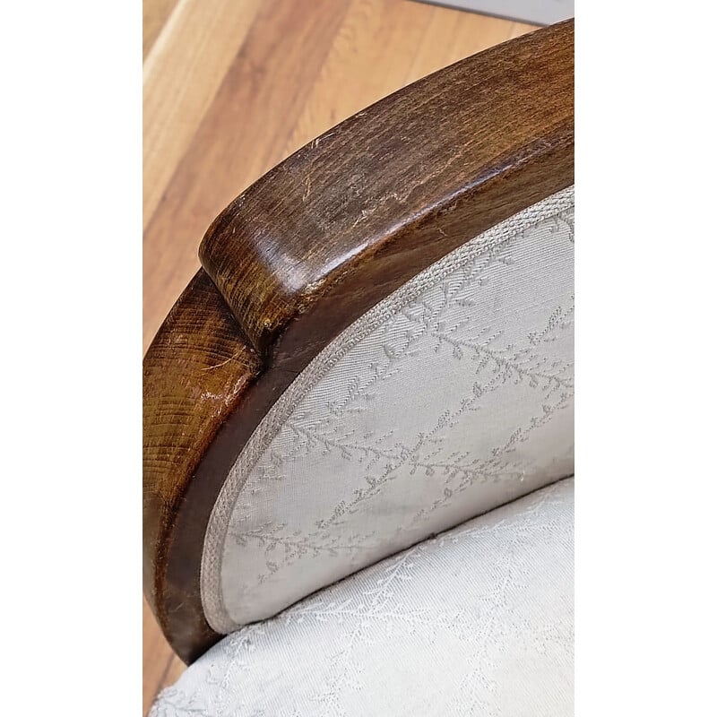 Fauteuil vintage en bois foncé et coton blanc cassé, 1930