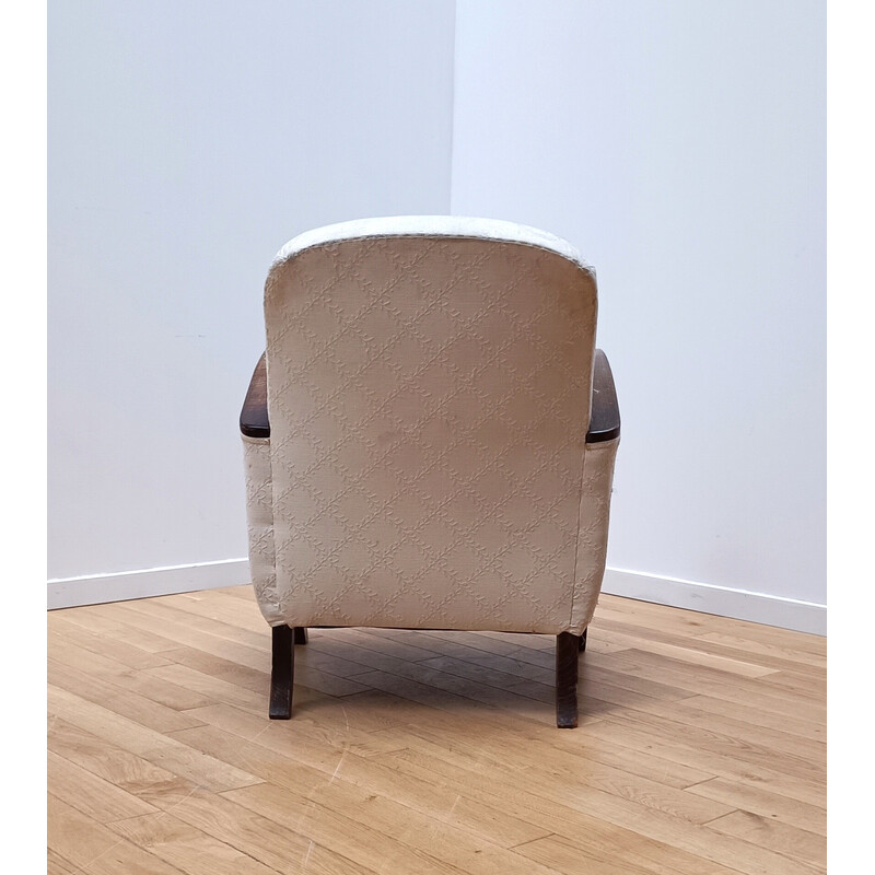 Vintage armchair in dark wood and off-white cotton, 1930
