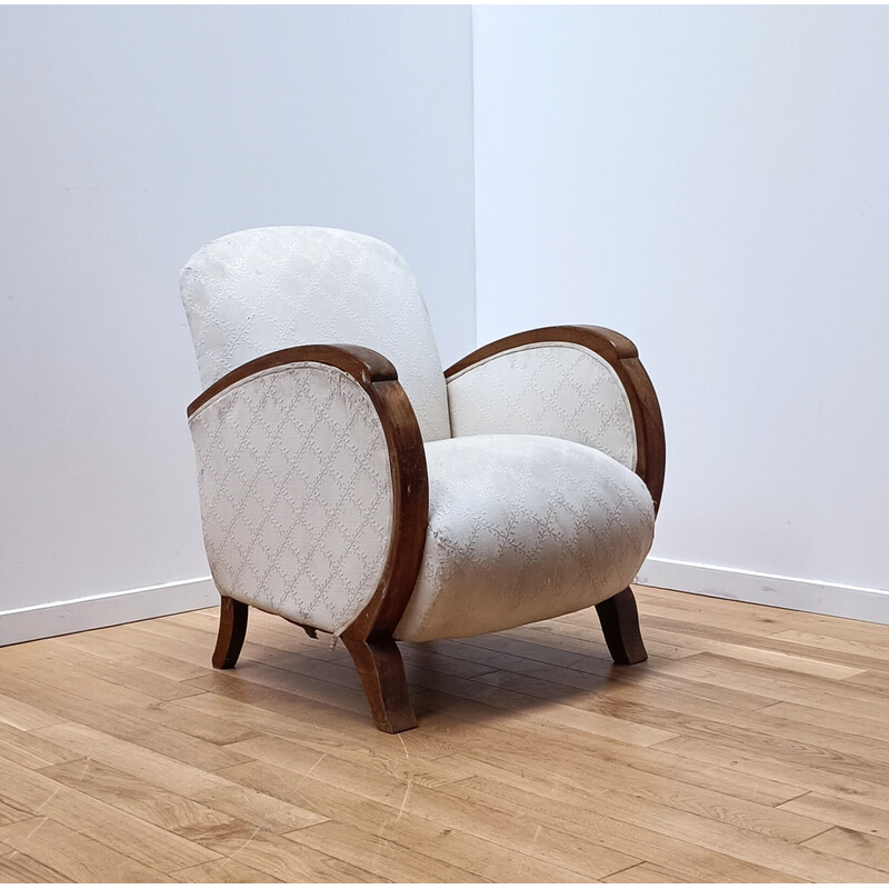 Vintage armchair in dark wood and off-white cotton, 1930