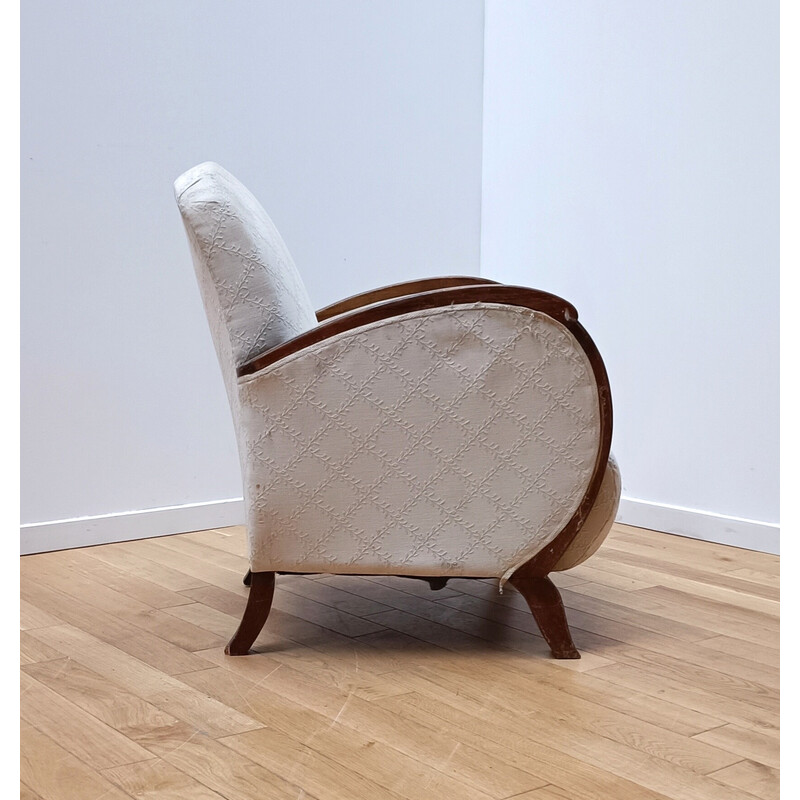 Vintage armchair in dark wood and off-white cotton, 1930