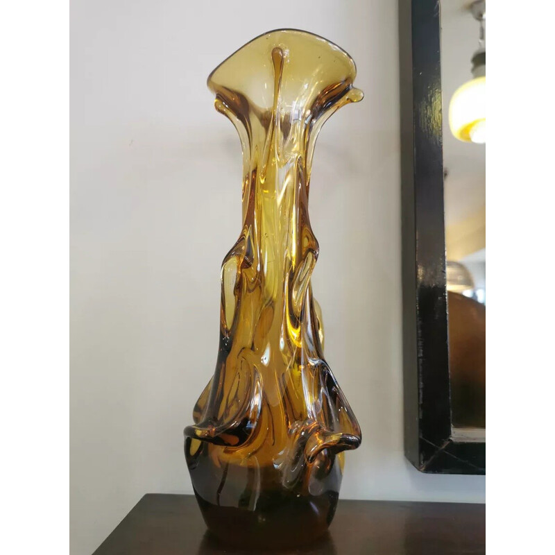 Vintage structured glass vase for La Verrerie de Zabkowice Steelworks, Poland 1970