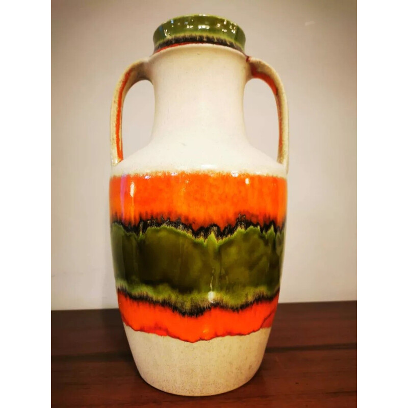 Vintage khaki and orange ceramic vase, West Germany 1970