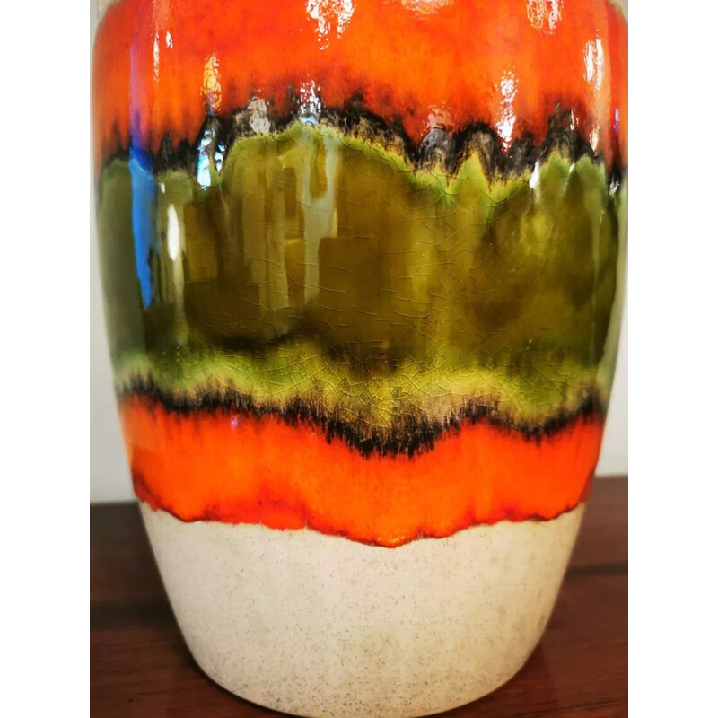 Vase vintage en céramique kaki et orange, Allemagne de l'Ouest 1970