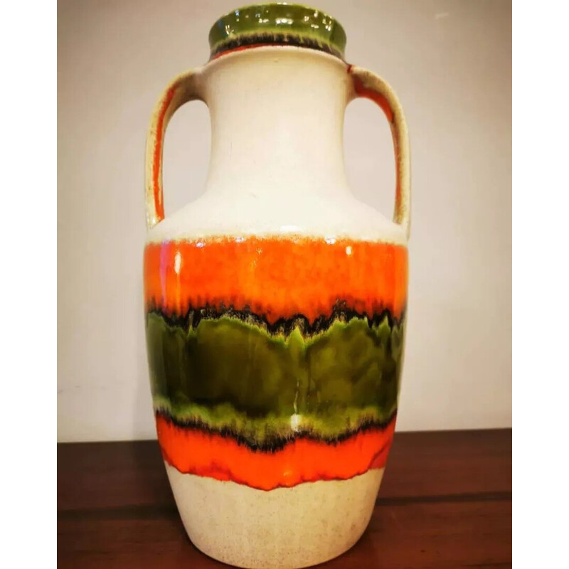 Vase vintage en céramique kaki et orange, Allemagne de l'Ouest 1970