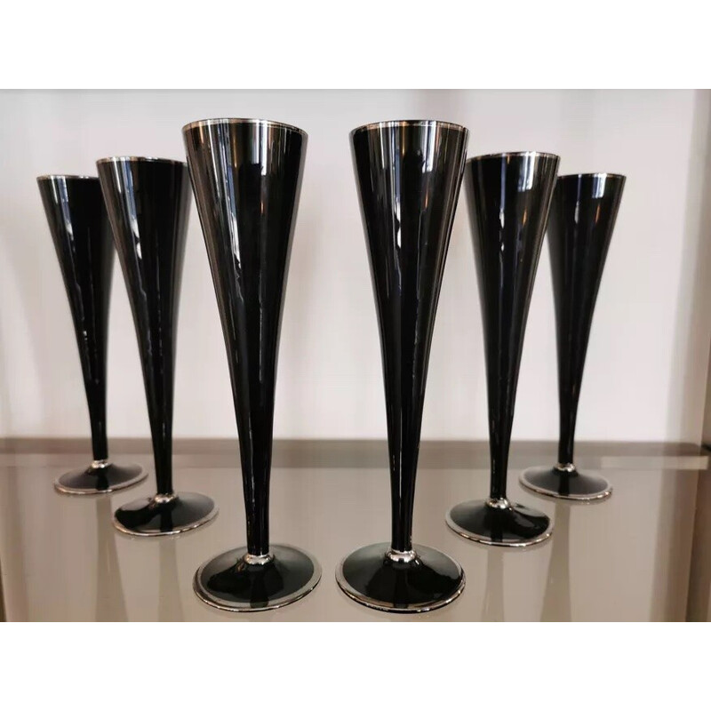 Set of 6 vintage black and silver glass champagne flutes