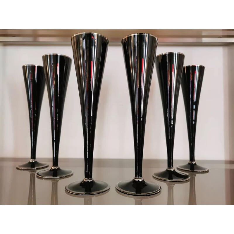 Conjunto de 6 flutes de champanhe vintage em vidro preto e prateado